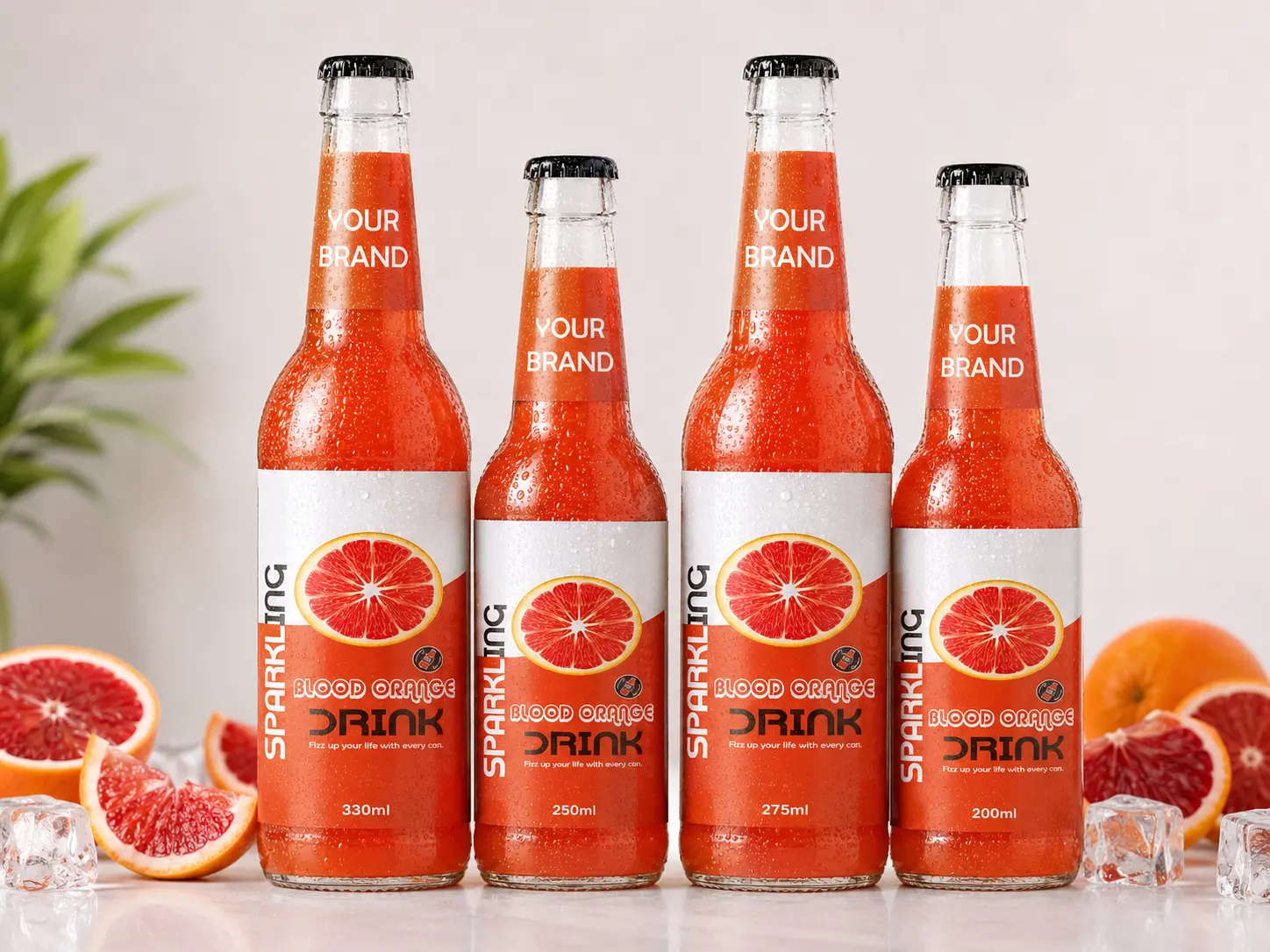 SPARKLING DRINK Blood Orange Flavored Drink in 330ml, 250ml, 275ml, and 200ml glass bottles.